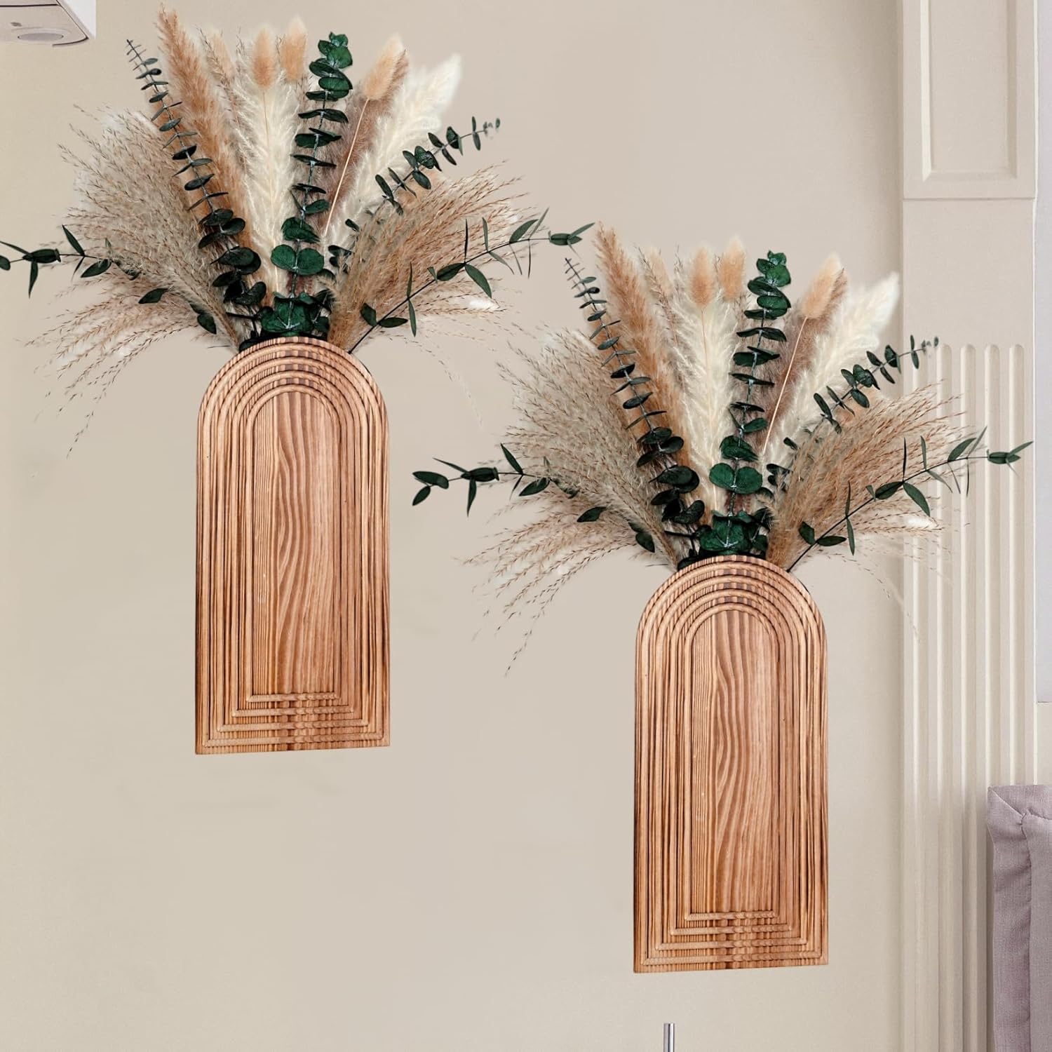Set of 2 Wooden Wall Vases for Boho Home Decor