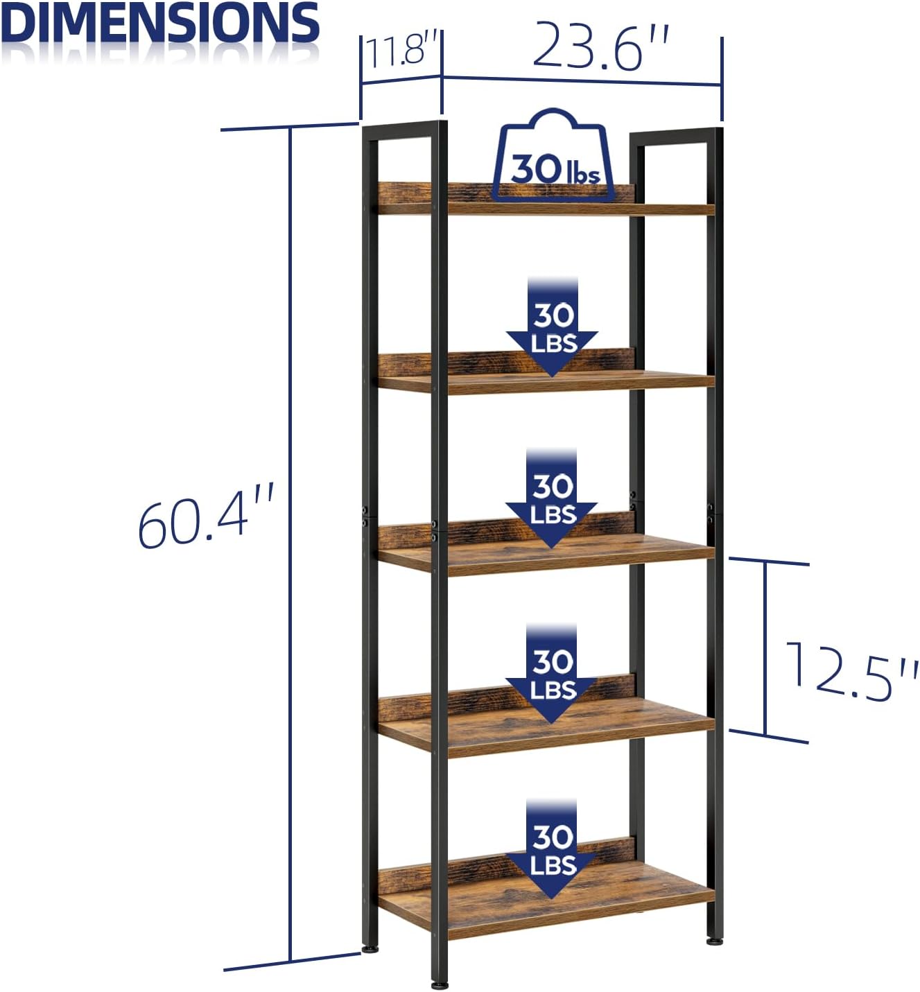 5 Tier Bookshelf for Home Office and Living Room