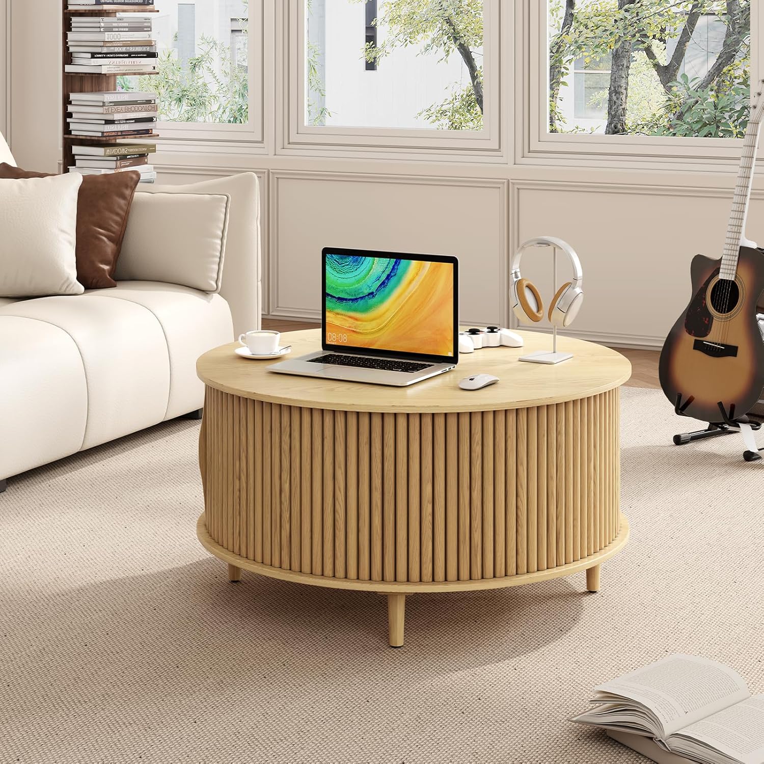 Round Coffee Table with Storage for Small Spaces (Modern)
